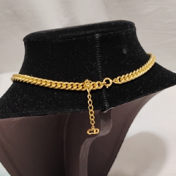 SALE! Auth Christian Dior Gold Rhinestone Choker Necklace Chunky Curb Chain/Box - Picture 3 of 11